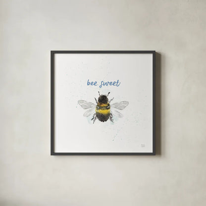 Bee Harmony VI White by Dina June. Shown in a sleek black glass frame for a contemporary gallery look. Available as an archival giclee rolled canvas, fine art paper, or poster print. SKU 66090a.