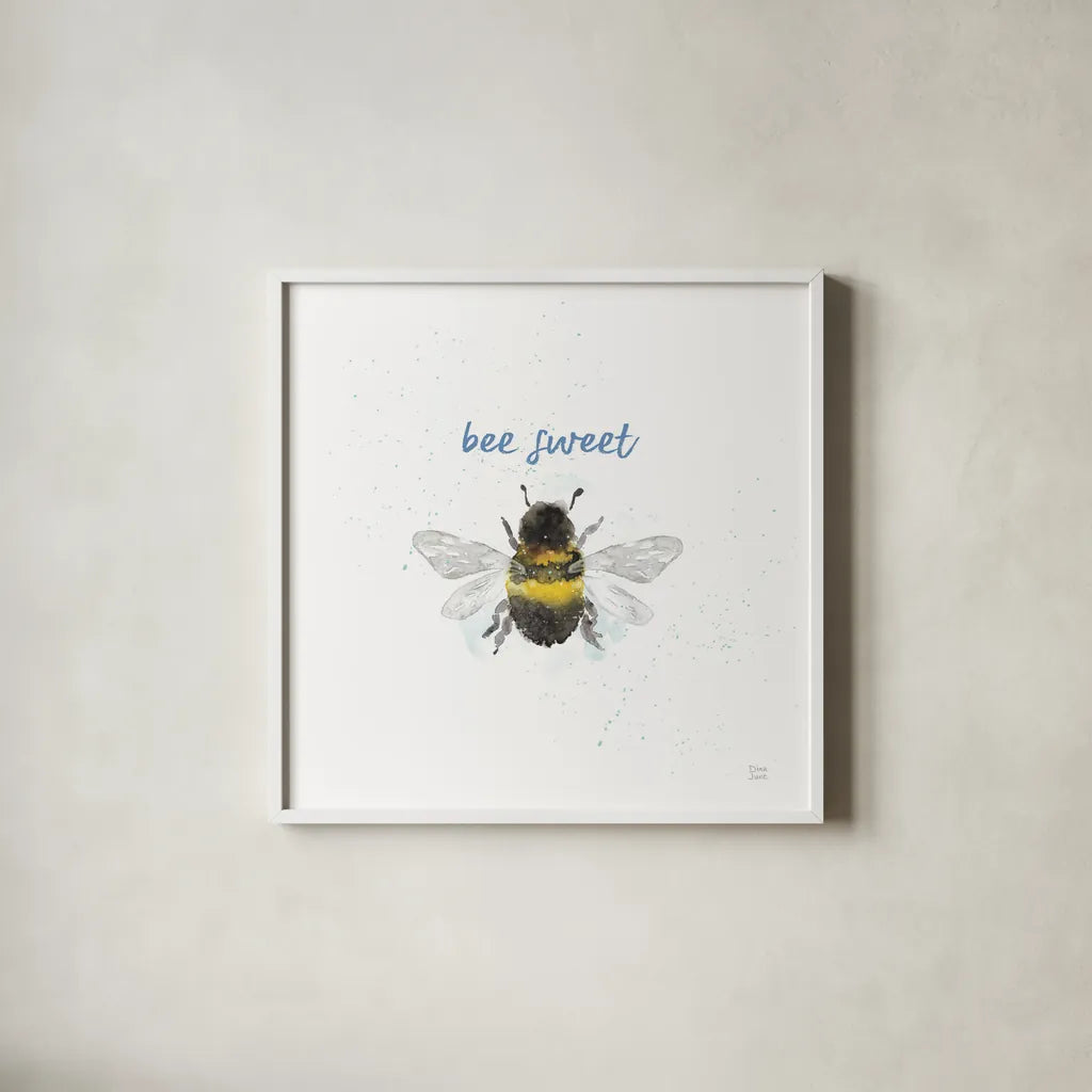 Bee Harmony VI White by Dina June. Shown in a crisp white glass frame for a clean and minimalist style. Available as an archival giclee rolled canvas, fine art paper, or poster print. SKU 66090a.