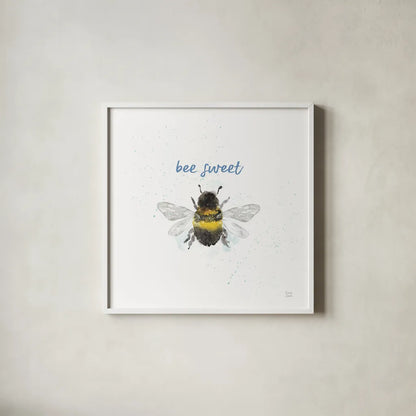Bee Harmony VI White by Dina June. Shown in a crisp white glass frame for a clean and minimalist style. Available as an archival giclee rolled canvas, fine art paper, or poster print. SKU 66090a.