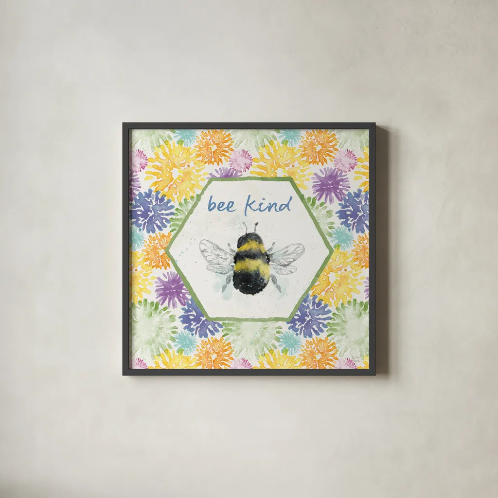 Bee Harmony VII by Dina June. Shown in a sleek black glass frame for a contemporary gallery look. Available as an archival giclee rolled canvas, fine art paper, or poster print. SKU 58652a.