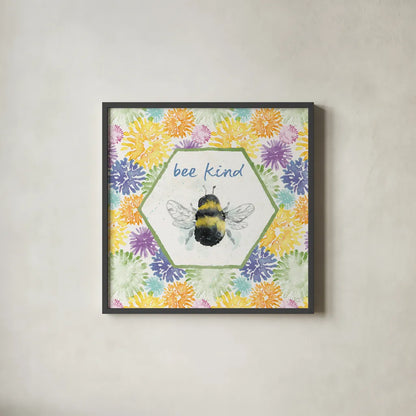 Bee Harmony VII by Dina June. Shown in a sleek black glass frame for a contemporary gallery look. Available as an archival giclee rolled canvas, fine art paper, or poster print. SKU 58652a.