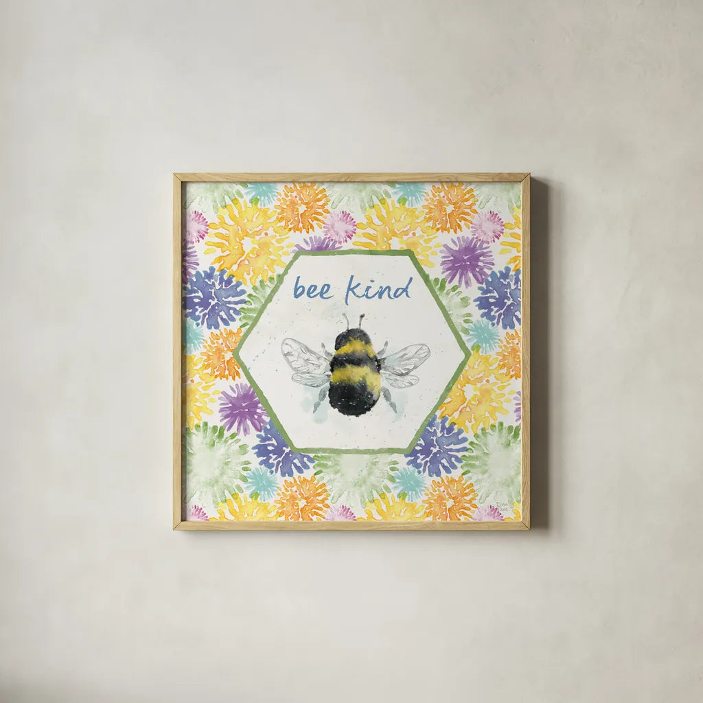 Bee Harmony VII by Dina June. Shown in a natural wood glass frame for a timeless modern aesthetic. Available as an archival giclee rolled canvas, fine art paper, or poster print. SKU 58652a.