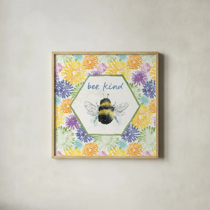 Bee Harmony VII by Dina June. Shown in a natural wood glass frame for a timeless modern aesthetic. Available as an archival giclee rolled canvas, fine art paper, or poster print. SKU 58652a.