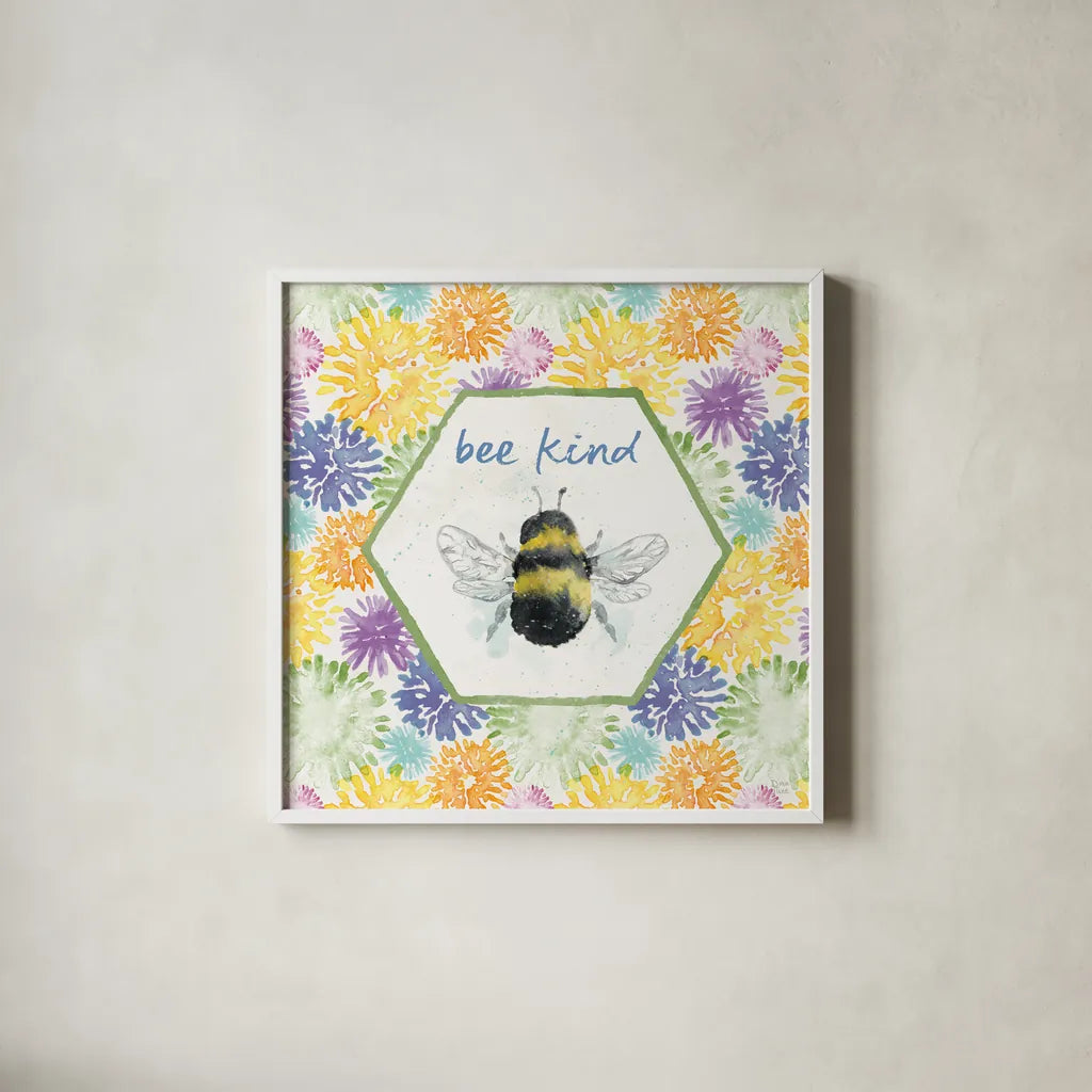 Bee Harmony VII by Dina June. Shown in a crisp white glass frame for a clean and minimalist style. Available as an archival giclee rolled canvas, fine art paper, or poster print. SKU 58652a.