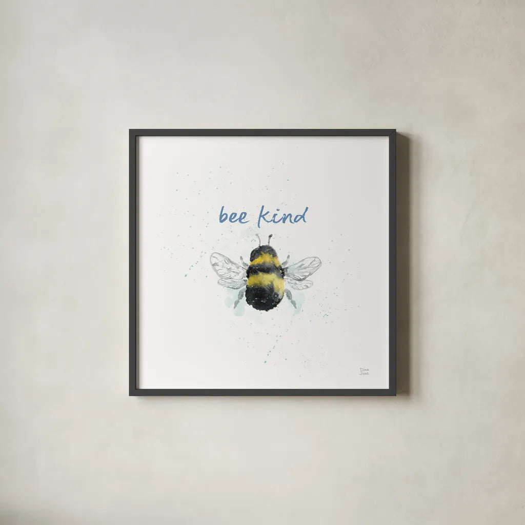 Bee Harmony VII White by Dina June. Shown in a sleek black glass frame for a contemporary gallery look. Available as an archival giclee rolled canvas, fine art paper, or poster print. SKU 66091a.