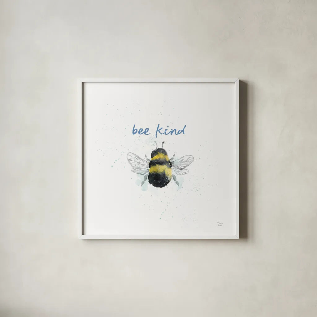 Bee Harmony VII White by Dina June. Shown in a crisp white glass frame for a clean and minimalist style. Available as an archival giclee rolled canvas, fine art paper, or poster print. SKU 66091a.