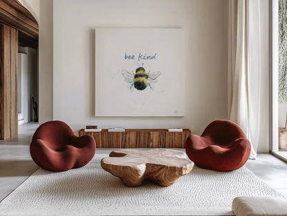 Bee Harmony VII White by Dina June. Shown as extra-large giant wall art in a modern living room. Available as an archival giclee rolled canvas, fine art paper, or poster print. SKU 66091a.