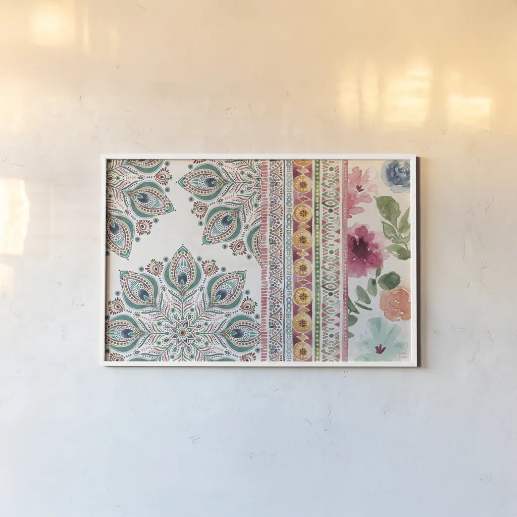 Bohemian Vibes I by Dina June. shown as a paper print in a white frame. Available as a archival giclee rolled canvas, fine art paper, or poster print. SKU 60777i.