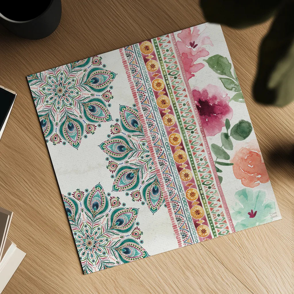 Bohemian Vibes II by Dina June. Shown as a detailed flat fine art print, highlighting archival giclee quality. Available as an archival giclee rolled canvas, fine art paper, or poster print. SKU 60778a.