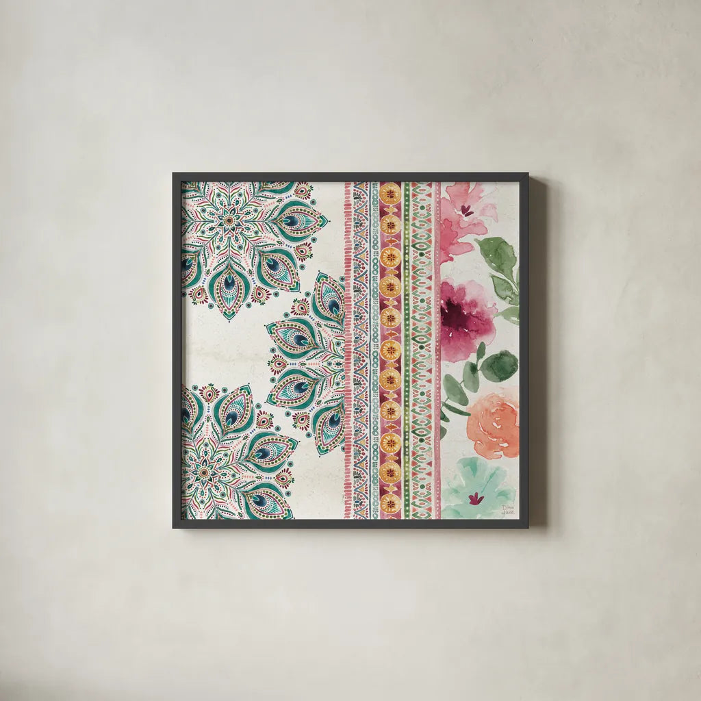 Bohemian Vibes II by Dina June. Shown in a sleek black glass frame for a contemporary gallery look. Available as an archival giclee rolled canvas, fine art paper, or poster print. SKU 60778a.