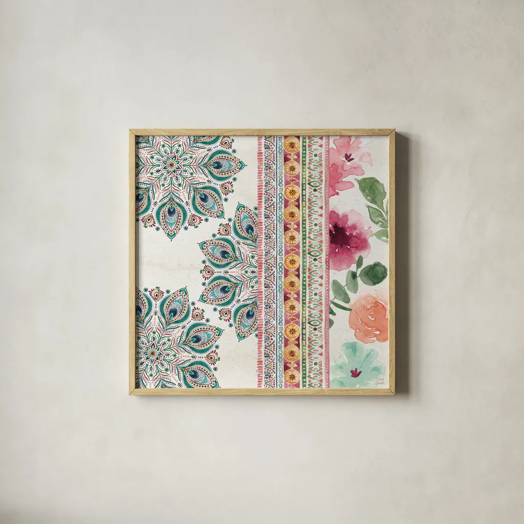 Bohemian Vibes II by Dina June. Shown in a natural wood glass frame for a timeless modern aesthetic. Available as an archival giclee rolled canvas, fine art paper, or poster print. SKU 60778a.