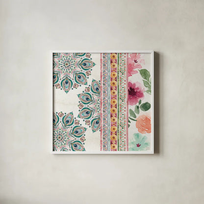 Bohemian Vibes II by Dina June. Shown in a crisp white glass frame for a clean and minimalist style. Available as an archival giclee rolled canvas, fine art paper, or poster print. SKU 60778a.