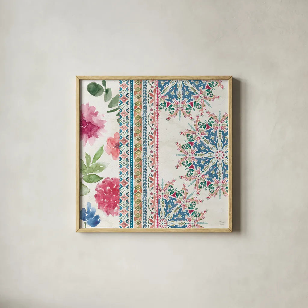 Bohemian Vibes III by Dina June. Shown in a natural wood glass frame for a timeless modern aesthetic. Available as an archival giclee rolled canvas, fine art paper, or poster print. SKU 60779a.