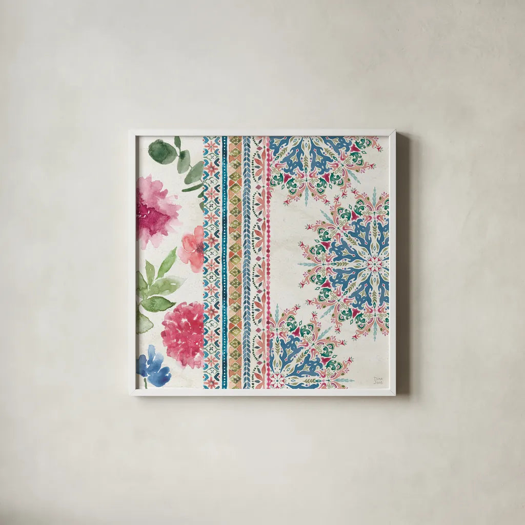 Bohemian Vibes III by Dina June. Shown in a crisp white glass frame for a clean and minimalist style. Available as an archival giclee rolled canvas, fine art paper, or poster print. SKU 60779a.