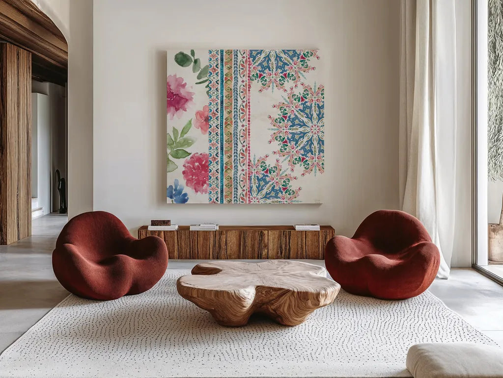 Bohemian Vibes III by Dina June. Shown as extra-large giant wall art in a modern living room. Available as an archival giclee rolled canvas, fine art paper, or poster print. SKU 60779a.