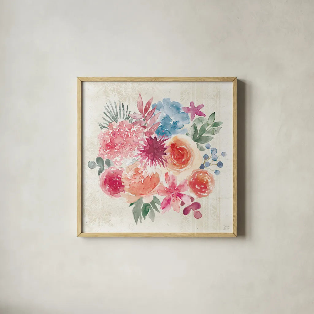 Bohemian Vibes V by Dina June. Shown in a natural wood glass frame for a timeless modern aesthetic. Available as an archival giclee rolled canvas, fine art paper, or poster print. SKU 60781a.