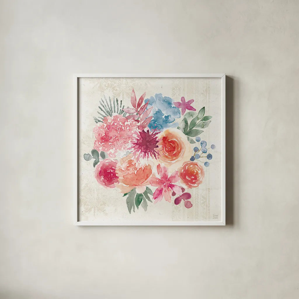 Bohemian Vibes V by Dina June. Shown in a crisp white glass frame for a clean and minimalist style. Available as an archival giclee rolled canvas, fine art paper, or poster print. SKU 60781a.