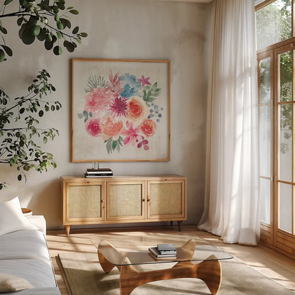 Bohemian Vibes V by Dina June. Shown in a natural wood frame in a cozy modern living room. Available as an archival giclee rolled canvas, fine art paper, or poster print. SKU 60781a.