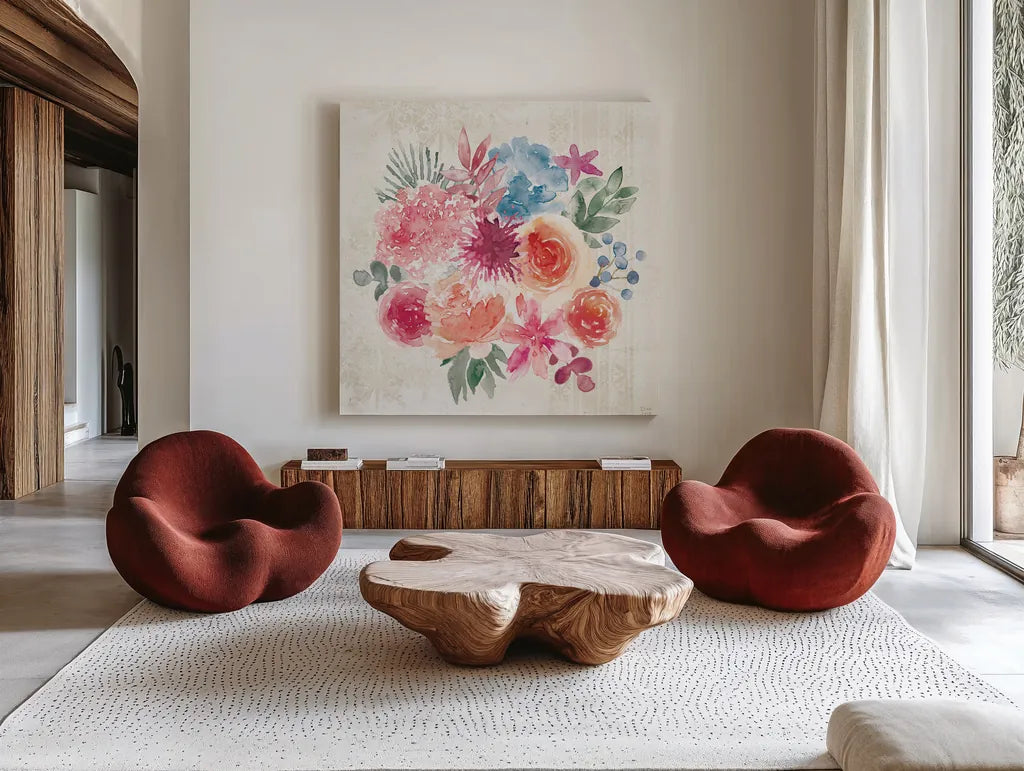 Bohemian Vibes V by Dina June. Shown as extra-large giant wall art in a modern living room. Available as an archival giclee rolled canvas, fine art paper, or poster print. SKU 60781a.