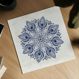 Bohemian Vibes VI Mandala Blue by Dina June. Shown as a detailed flat fine art print, highlighting archival giclee quality. Available as an archival giclee rolled canvas, fine art paper, or poster print. SKU 70446a.