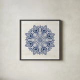 Bohemian Vibes VI Mandala Blue by Dina June. Shown in a sleek black glass frame for a contemporary gallery look. Available as an archival giclee rolled canvas, fine art paper, or poster print. SKU 70446a.