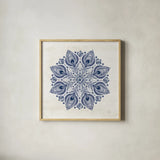 Bohemian Vibes VI Mandala Blue by Dina June. Shown in a natural wood glass frame for a timeless modern aesthetic. Available as an archival giclee rolled canvas, fine art paper, or poster print. SKU 70446a.