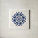 Bohemian Vibes VI Mandala Blue by Dina June. Shown in a crisp white glass frame for a clean and minimalist style. Available as an archival giclee rolled canvas, fine art paper, or poster print. SKU 70446a.