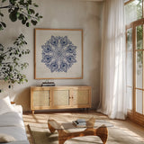 Bohemian Vibes VI Mandala Blue by Dina June. Shown in a natural wood frame in a cozy modern living room. Available as an archival giclee rolled canvas, fine art paper, or poster print. SKU 70446a.