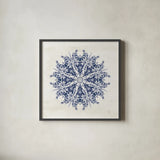 Bohemian Vibes VII Mandala Blue by Dina June. Shown in a sleek black glass frame for a contemporary gallery look. Available as an archival giclee rolled canvas, fine art paper, or poster print. SKU 70447a.