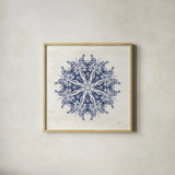 Bohemian Vibes VII Mandala Blue by Dina June. Shown in a natural wood glass frame for a timeless modern aesthetic. Available as an archival giclee rolled canvas, fine art paper, or poster print. SKU 70447a.