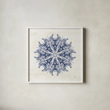 Bohemian Vibes VII Mandala Blue by Dina June. Shown in a crisp white glass frame for a clean and minimalist style. Available as an archival giclee rolled canvas, fine art paper, or poster print. SKU 70447a.