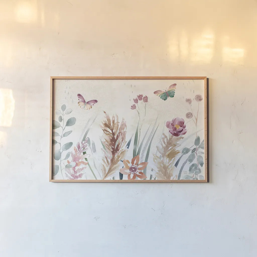 Boho Garden I by Dina June. shown as a paper print in a natural frame. Available as a archival giclee rolled canvas, fine art paper, or poster print. SKU 77238i.
