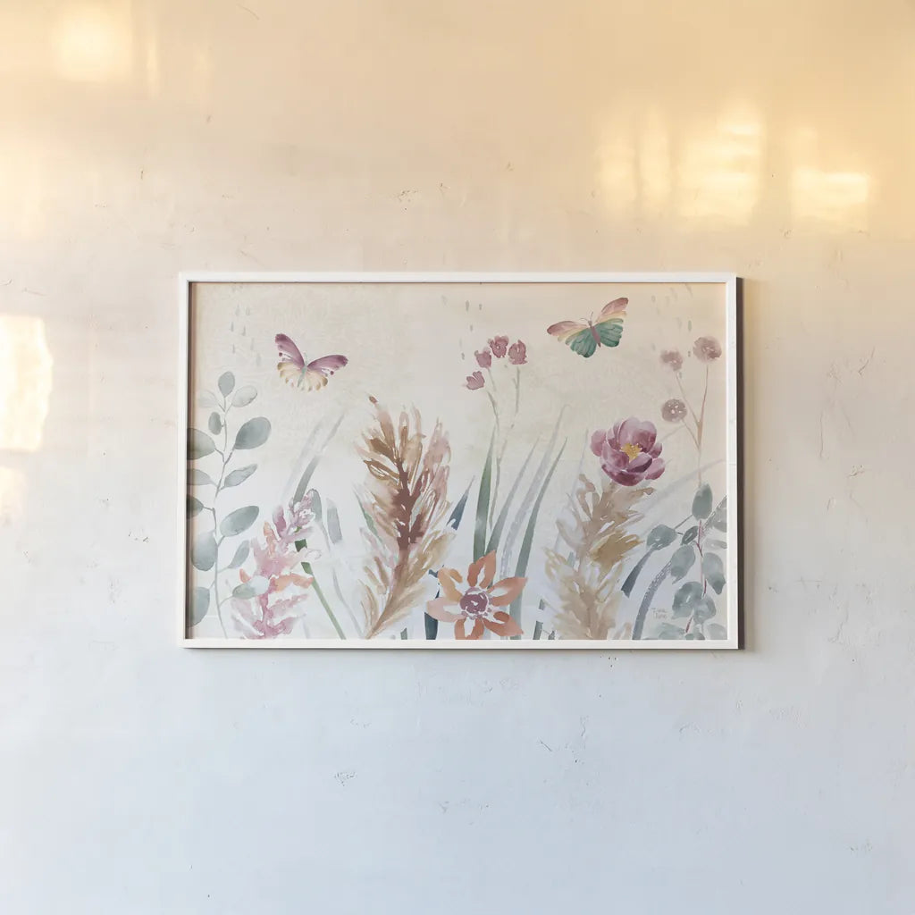 Boho Garden I by Dina June. shown as a paper print in a white frame. Available as a archival giclee rolled canvas, fine art paper, or poster print. SKU 77238i.