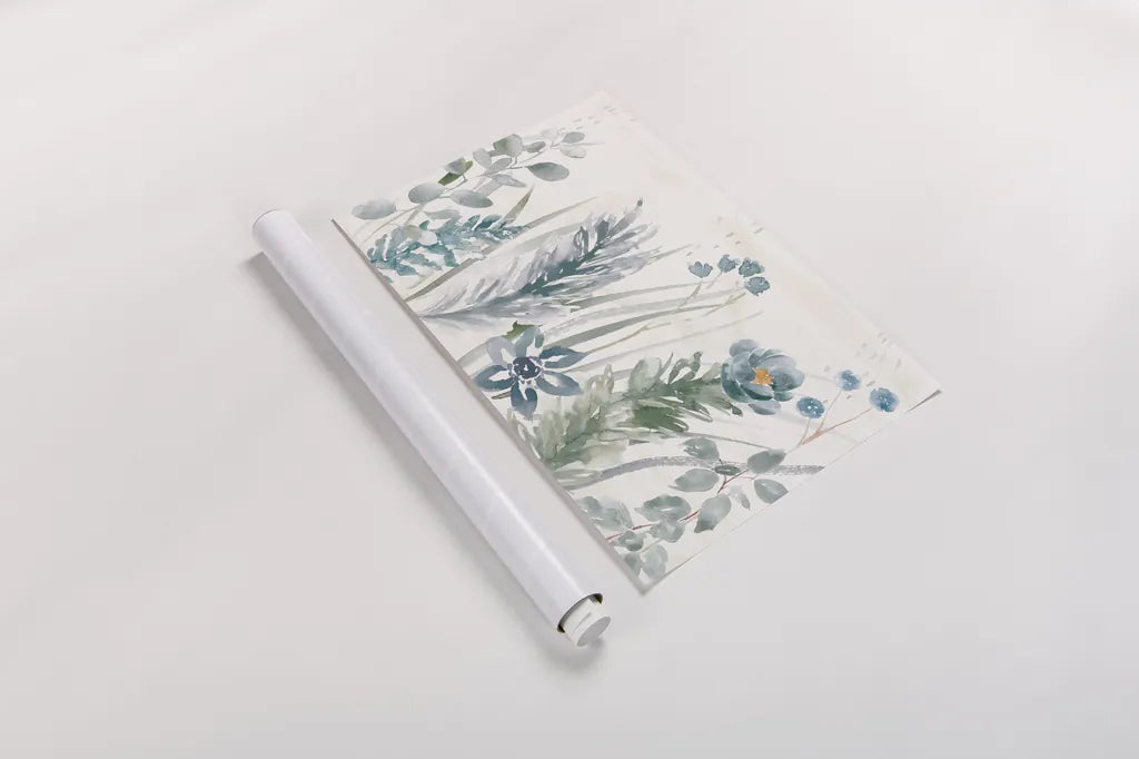 Boho Garden I No Butterflies Blue by Dina June. shown as a rolled paper print. Available as archival giclee rolled canvas, fine art paper, or poster print. SKU 77483i.