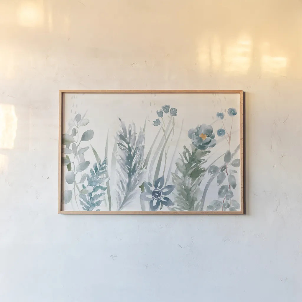Boho Garden I No Butterflies Blue by Dina June. shown as a paper print in a natural frame. Available as a archival giclee rolled canvas, fine art paper, or poster print. SKU 77483i.