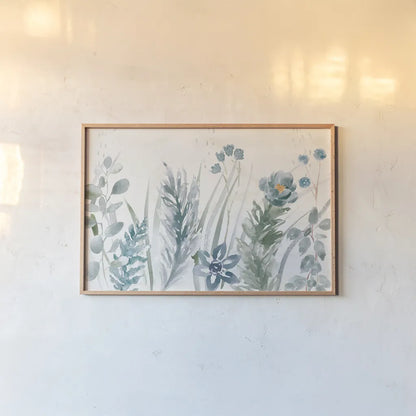 Boho Garden I No Butterflies Blue by Dina June. shown as a paper print in a natural frame. Available as a archival giclee rolled canvas, fine art paper, or poster print. SKU 77483i.