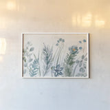 Boho Garden I No Butterflies Blue by Dina June. shown as a paper print in a white frame. Available as a archival giclee rolled canvas, fine art paper, or poster print. SKU 77483i.