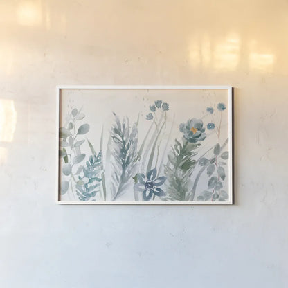 Boho Garden I No Butterflies Blue by Dina June. shown as a paper print in a white frame. Available as a archival giclee rolled canvas, fine art paper, or poster print. SKU 77483i.