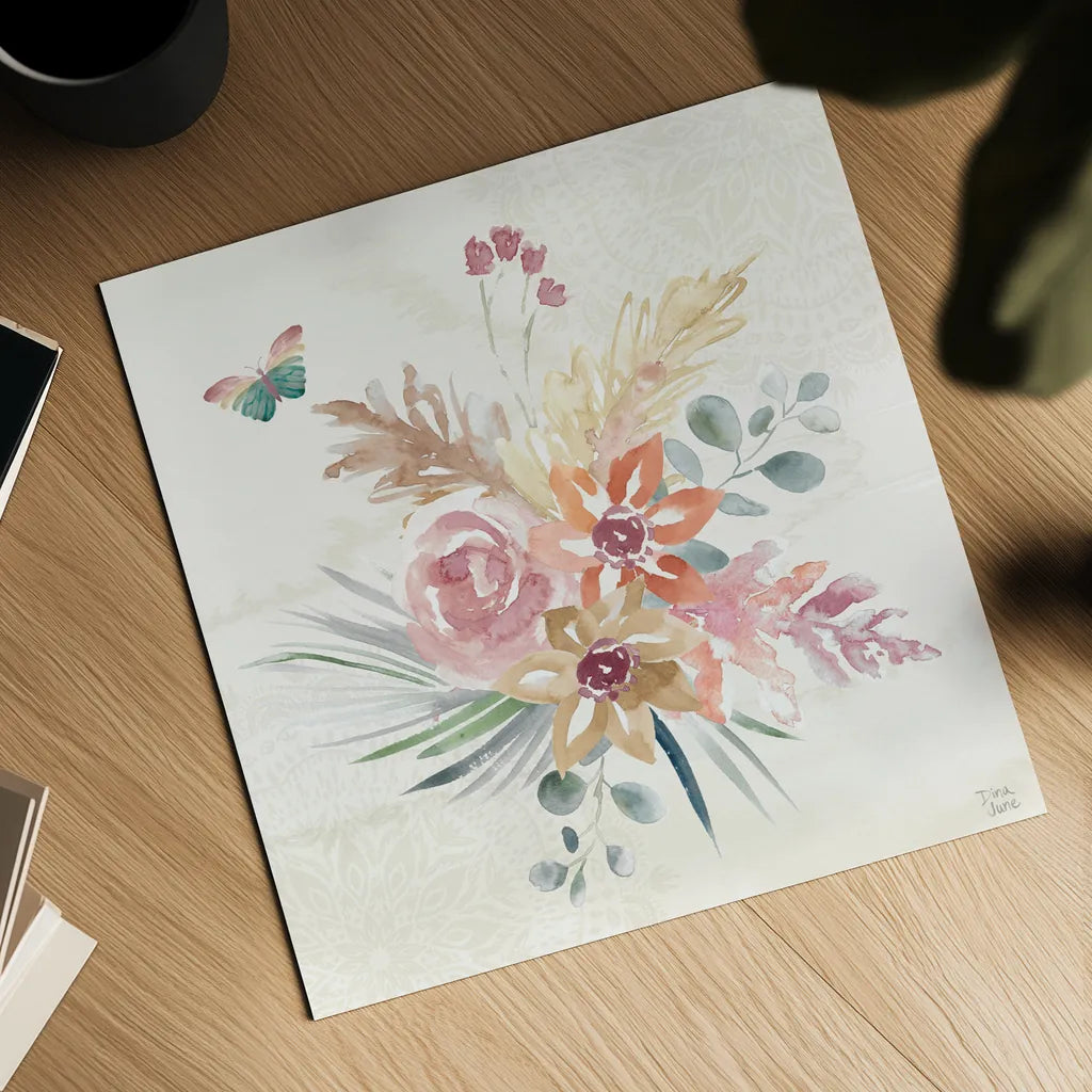 Boho Garden II by Dina June. Shown as a detailed flat fine art print, highlighting archival giclee quality. Available as an archival giclee rolled canvas, fine art paper, or poster print. SKU 77239a.