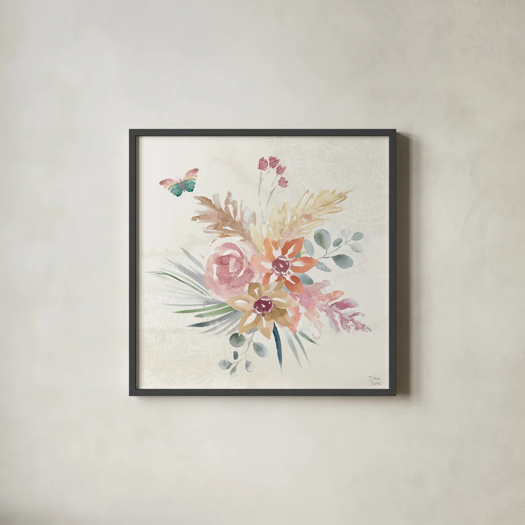Boho Garden II by Dina June. Shown in a sleek black glass frame for a contemporary gallery look. Available as an archival giclee rolled canvas, fine art paper, or poster print. SKU 77239a.