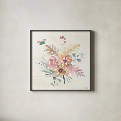 Boho Garden II by Dina June. Shown in a sleek black glass frame for a contemporary gallery look. Available as an archival giclee rolled canvas, fine art paper, or poster print. SKU 77239a.