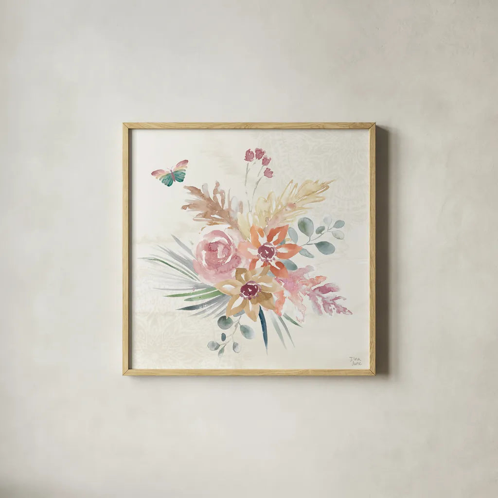 Boho Garden II by Dina June. Shown in a natural wood glass frame for a timeless modern aesthetic. Available as an archival giclee rolled canvas, fine art paper, or poster print. SKU 77239a.