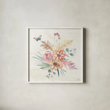 Boho Garden II by Dina June. Shown in a crisp white glass frame for a clean and minimalist style. Available as an archival giclee rolled canvas, fine art paper, or poster print. SKU 77239a.