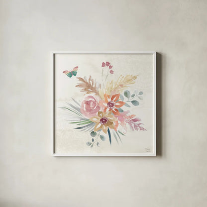 Boho Garden II by Dina June. Shown in a crisp white glass frame for a clean and minimalist style. Available as an archival giclee rolled canvas, fine art paper, or poster print. SKU 77239a.