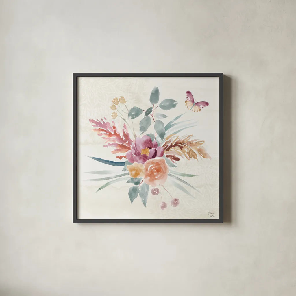 Boho Garden III by Dina June. Shown in a sleek black glass frame for a contemporary gallery look. Available as an archival giclee rolled canvas, fine art paper, or poster print. SKU 77240a.