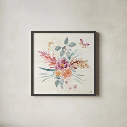 Boho Garden III by Dina June. Shown in a sleek black glass frame for a contemporary gallery look. Available as an archival giclee rolled canvas, fine art paper, or poster print. SKU 77240a.