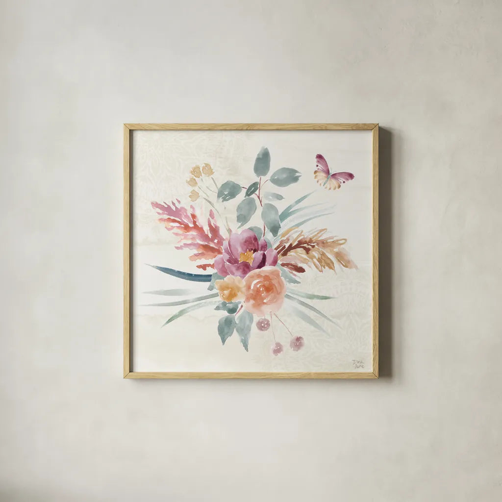 Boho Garden III by Dina June. Shown in a natural wood glass frame for a timeless modern aesthetic. Available as an archival giclee rolled canvas, fine art paper, or poster print. SKU 77240a.