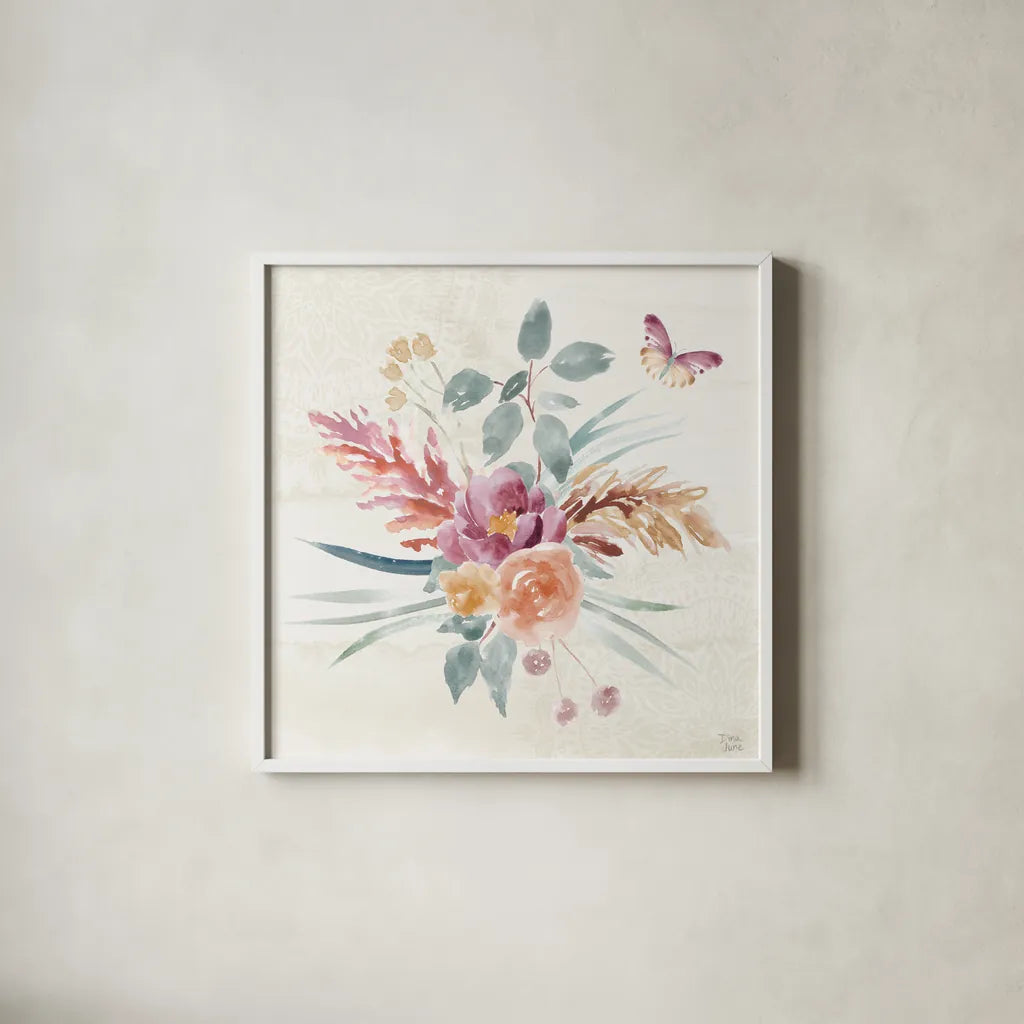 Boho Garden III by Dina June. Shown in a crisp white glass frame for a clean and minimalist style. Available as an archival giclee rolled canvas, fine art paper, or poster print. SKU 77240a.