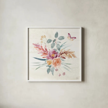 Boho Garden III by Dina June. Shown in a crisp white glass frame for a clean and minimalist style. Available as an archival giclee rolled canvas, fine art paper, or poster print. SKU 77240a.