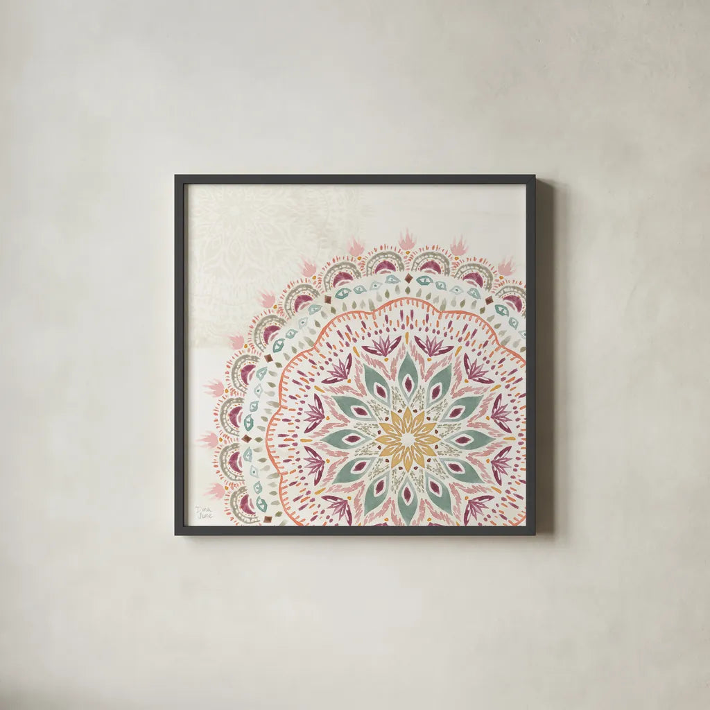 Boho Garden IX by Dina June. Shown in a sleek black glass frame for a contemporary gallery look. Available as an archival giclee rolled canvas, fine art paper, or poster print. SKU 77246a.
